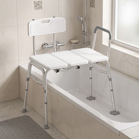 Banc de Transfert Baignoire, Hauteur Réglable à 10 Niveaux, Large Assise, Dossier, Accoudoir, 86x60x89-101cm, Blanc (1/5)