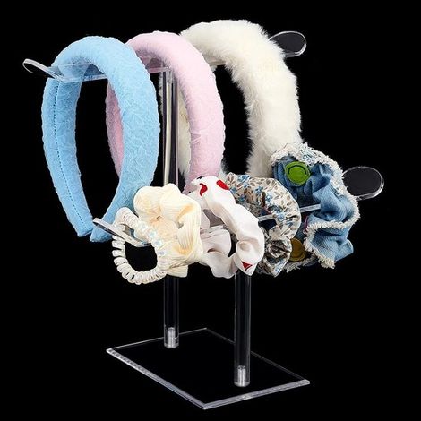 Espositore a doppio strato in acrilico trasparente a forma di T per elastici e scrunchie per capelli, porta gioielli (1/5)
