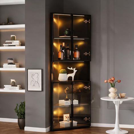 Vitrine d'angle en verre noir 62 x 32 x 160 cm avec éclairage LED (1/5)