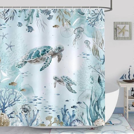 Rideau de douche tortue marine, bleu océan et algues, en polyester anti-moisissure, imperméable et lavable, 180 x 200 cm, avec 12 crochets. (1/5)