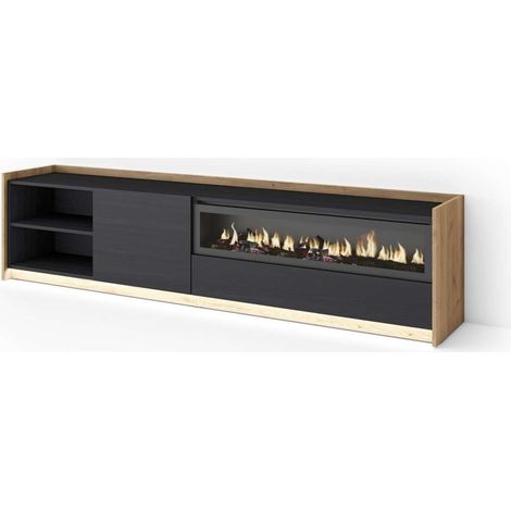 Mueble TV Mijas-02 de 207x50x37 cm con chimenea y luces LED, color negro y roble (1/4)