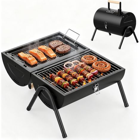 Barbecue au Charbon de Bois 2-en-1 avec Poêle Émaillé Haute Densité Petit BBQ Extérieur avec Double Surface de Cuisson, Fumoir de Camping Portable pour Jardin, Abri, Terrasse- 236 Sq In (1/5)