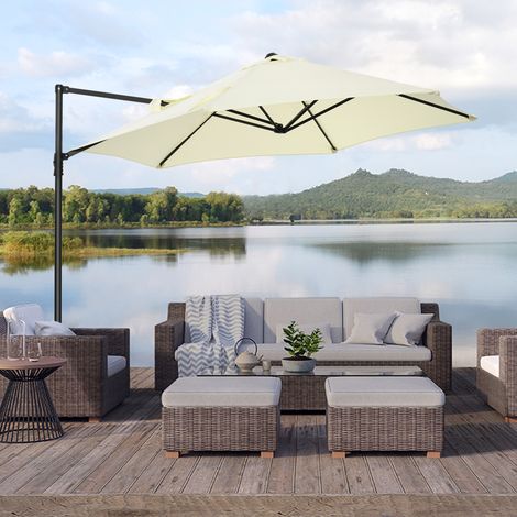 Parasol jardin 2,6×2,6m rotation 360° bras décalé base transversale aération acier polyester 180g/m², beige