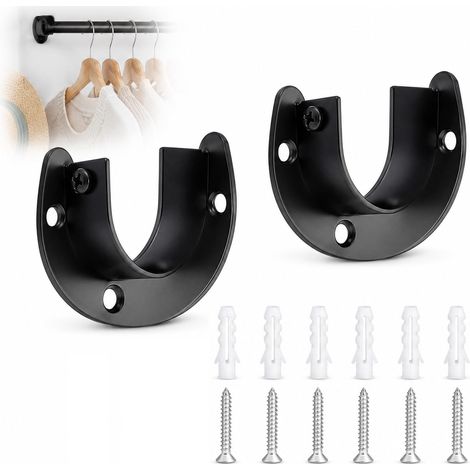 Lot de 2 supports de tringle à vêtements - 25 mm - Noir - Support de tube rond ouvert - Montage mural - Support mural en métal pour tringle à vêtements, armoire, penderie, tringle à rideau de douche (1/5)