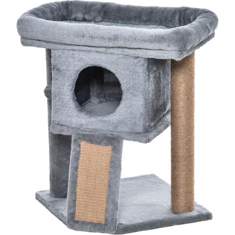 Arbre à chat à étages jeu et repos 40 x 40 x 57 cm niche privée tapis à griffer moderne scandinave en peluche gris clair (1/5)