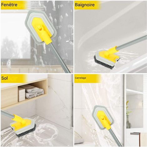 Brosse de nettoyage 3 en 1 pour salle de bain, tête verrouillable, manche télescopique 127 cm. Poils durs + microfibre, pour baignoire et carrelages, blanc.