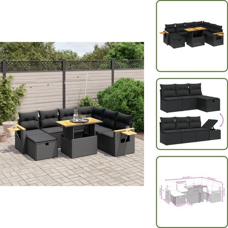 The Living Store 8-tlg. Garten-Sofagarnitur mit Kissen Schwarz Poly Rattan - Gartenmöbel Set - PE-Rattan Möbel - Outdoor Lounge - Garten Sofa - Balkon Möbel (1/5)