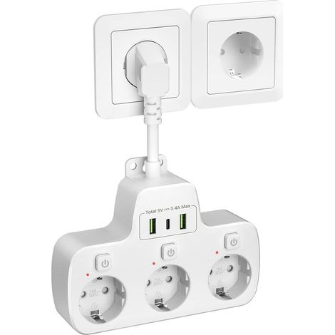 Multiprise 3 Prises avec Interrupteur Individuel, Prise Multiple USB C Bloc Multiprise Murale Parafoudre, Adaptateur Triple Prise USB, Rallonge Triplette Electrique 0,1m Cable Court, Blanc (1/5)