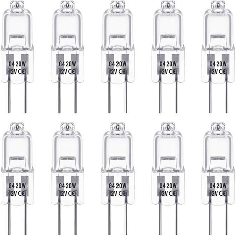 Ampoules Halogènes G4, Lampe de Base à Broche Halogène 12V 20W, Blanc Chaud 3000K, 350LM, Gradable, Lampe Halogène Basse Tension G4, Lampe à Capsule Transparente, Paquet de 10