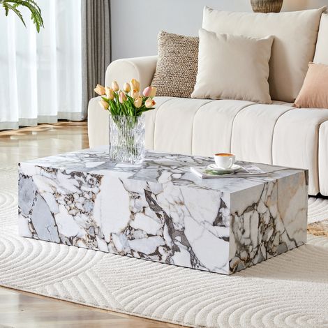 Tavolino da caffè rettangolare 90x50x30 cm effetto marmo bianco, design minimalista, MDF, senza montaggio, uso quotidiano (1/5)