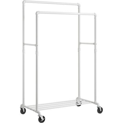 SONGMICS Stand Appendiabiti a Doppia Barra, Struttura in Metallo, Portabiti Largo 100 cm, con Ripiano Portaoggetti e Rotelle, 2 Ruote con Freni, Portata fino a 90 kg, Bianco (1/5)