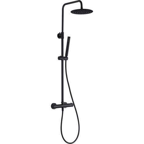 Duschsystem Duschgarnitur Mattschwarz rund mit Regendusche Handbrause Thermostat und Duschstange Duschsystem Duschgarnitur Mattschwarz rund mit Regendusche Handbrause Thermostat und Duschstange (1/4)