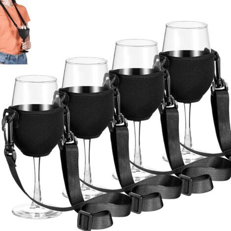 4Pcs Porte-Verre à Vin pour Cou avec Lanière Support,Support de Verre à Vin à Porter Autour du Cou,pour Maison Pub Restaurant Anniversaire Mariage Fête (Verres à vin non inclus)(Noir)