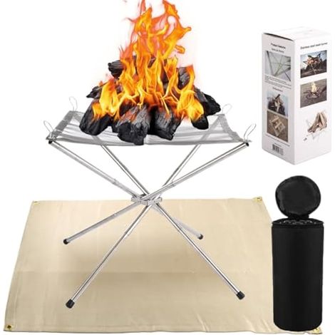 Foyer portable pour camping, extérieur pliable avec sac de transport, petit foyer pliable en maille d'acier inoxydable pour jardin, terrasse, jardin, voyage, pique-nique (foyer et tapis)
