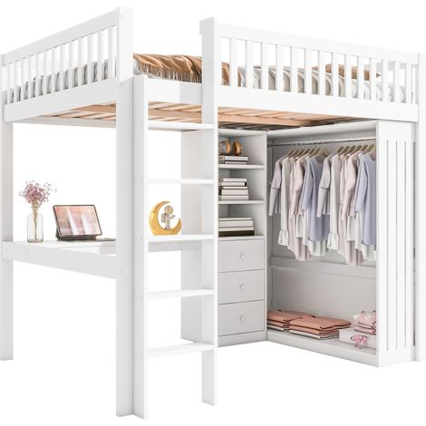 Lit mezzanine 140 x 200 cm avec bureau, armoire et 3 tiroirs, blanc, escalier et garde-corps, gain de place pour chambre enfant, pour étudier et dormir - CHICFURN (1/5)
