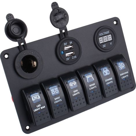6-Wege-LED-Wippschalterpanel für Auto/Boot mit USB-Anschluss, Zigarettenanzünderbuchse und Voltmeter (1/5)