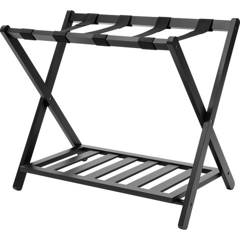 Folding Luggage Rack 2 Tier Bamboo Stand Storage Rack Travel Suitcase Shoe Storage Holder with Shelf for Guest Room Bedroom Hotel (1/5)