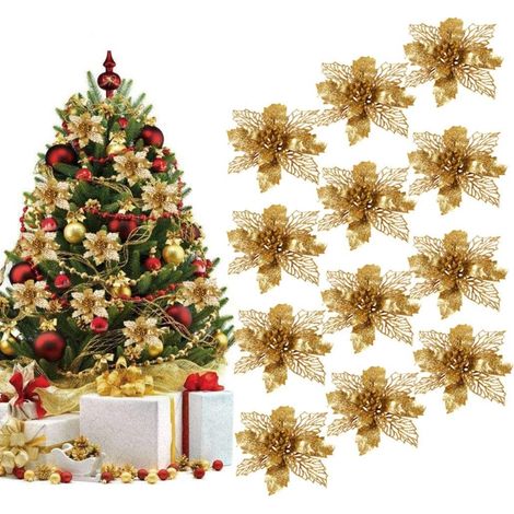 Fleur De Noel - Fleur Artificielle Poinsettia Avec Paillettes - Décoration Arbre De Noël - Mariage Et Fêtes - Lot De 12 Pièces (1/5)