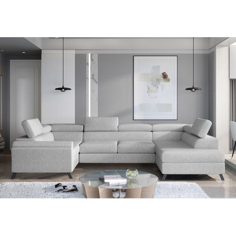 Canapé panoramique convertible SKADA tissu – Rangement et appuis-têtes réglables à droite-Gris perle-Coffre à droite (1/5)