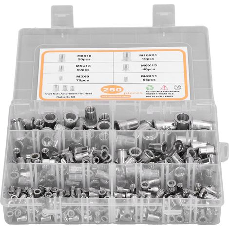 Kit d'assortiment de 250 écrous à sertir à tête plate en acier inoxydable 304 (M3, M4, M5, M6, M8, M10) (1/5)