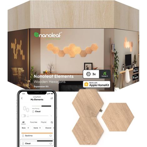 Pack d'Extension, 3 Panneaux LED Connectés Additionnels - Appliques Murales Luminaires Effet Bois Hexagonales Modulaires Variables Wi-Fi, pour Salon Chambre Bureau (1/5)