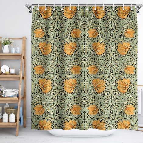 Rideau de douche en tissu à séchage rapide Motif botanique vert sauge et fleurs jaunes William Morris Décoratif bohème victorien vintage pour salle de bain (1/5)
