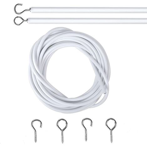 2M Cable pour Rideaux, Blanc Fil de Rideau avec 2 Pièces Piton à Visser Boulons à Oeil et 2 Pièces Crochets à Visser, Câble de Rideau Enduite de Plastique, Cable Rideau Tringle Rideau Souple (1/5)