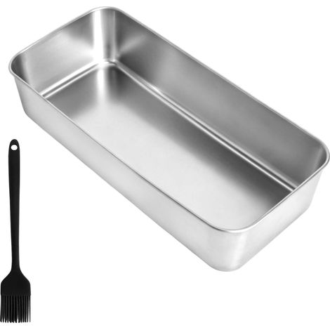 Moule à Cake Inox, Moule à Pain, Moule Rectangulaire - Plat Four Inox 33 x 15 x 6,7 cm avec Pinceau Silicone pour Pain de Mie, Brownie et Lasagne (1/5)
