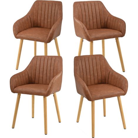 Minimalist dining chairs with comfortable backrests, ergonomic armrests and sturdy wooden legs – Set of 4 - Brown (1/5)