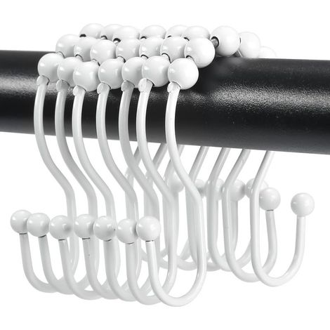 Lot de 12 crochets de rideau de douche en métal antirouille, anneaux de rideau de douche en métal antirouille, crochets doubles pour rideau de douche, blanc (1/5)