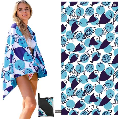 Serviette de Plage avec Étiquettes UV, Tapis de Plage, Matériau en Microfibre, sans Sable,Séchage Rapide, Conception en Corde Élastique, 150×75cm,petit poisson (1/5)
