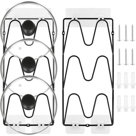 Support de rangement pour couvercles de casseroles – Pack de 2 – 6 niveaux – Acier avec revêtement noir – Installation sans perçage (1/5)