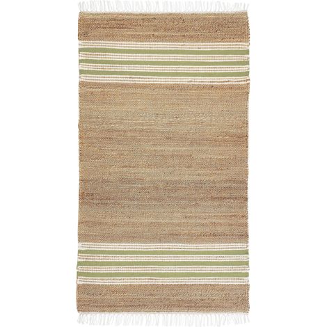Tapis Boho Tissé Main Franges 80 x 150 cm en Jute Beige et Vert Olive Mirza