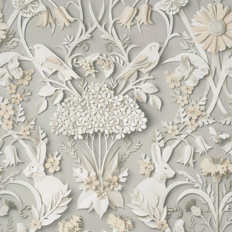 Fine Decor Soft Grey Rabbit Butterfly Luxury Woodland Paste The Paper Wallpaper (1/3)