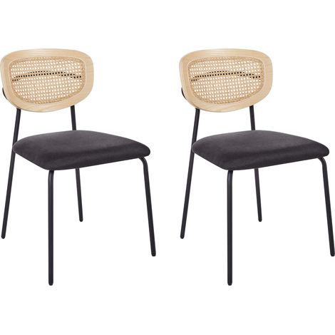 Conjunto de 2 sillas de comedor modernas trenza vienesa respaldo de ratán asiento de poliéster patas negras sin reposabrazos negro Mayetta