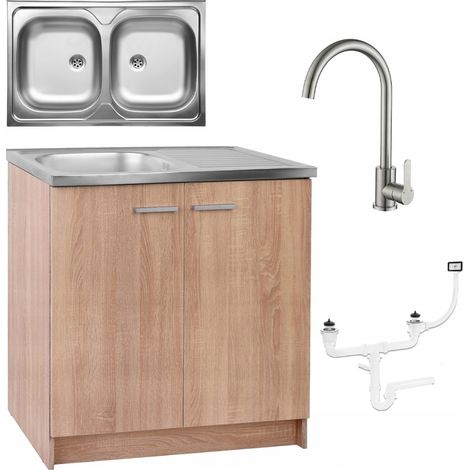 Meuble de cuisine - 80x50 cm - Chêne Sonoma - Évier 2 bacs avec robinet olive - Fonctionnel et élégant (1/5)