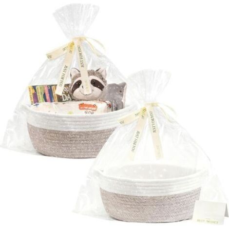 Cesto regalo, set di 2 cesti regalo vuoti, cesto intrecciato con 2 sacchetti regalo trasparenti, 2 nastri colorati, 2 biglietti d'auguri per baby shower, compleanno, matrimonio, festa del raccolto, Na (1/5)