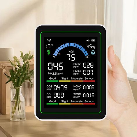 Moniteur de qualité de l'air WiFi 10 en 1 ZN-MT13W Graffiti : CO2, TVOC, HCHO, PM2.5, PM10, PM0.3, AQI, etc. (Blanc) (1/5)