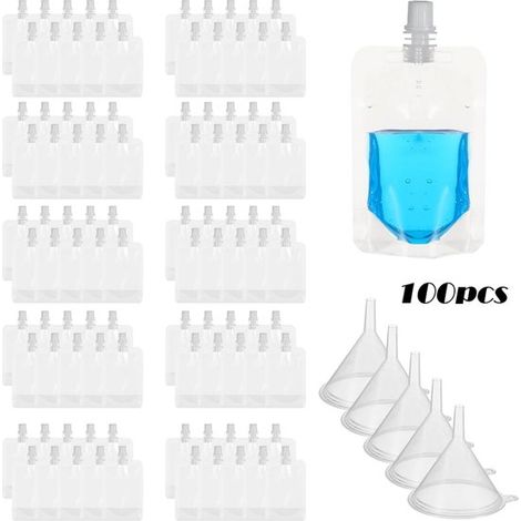 Lot de bocaux de voyage – 100 ml – Transparents – Rechargeables – Anti-fuites – Entonnoir inclus – Sport et concerts (1/5)