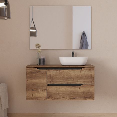Meuble de salle de bain 100cm avec plateau, vasque à poser déportée à droite Zeus et miroir - 2 tiroirs et un placard - tabaco (bois foncé) - ZARZA