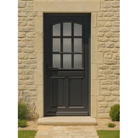 Puerta de entrada de madera con cristal Alicia gris antracita, H.215 x L.80 cm, con tablero lateral, puerta derecha, pomo, bombillo, GD MENUISERIES