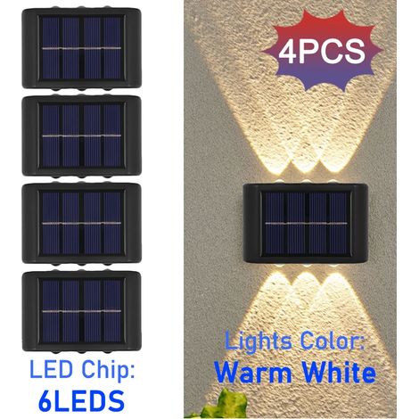 (6 LED - 4 pièces - Lumière chaude) 10 lampes solaires murales LED d'extérieur étanches pour la sécurité, compatibles avec les lampes décoratives de jardin, de cour et de clôture. (1/5)