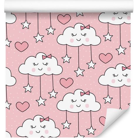 Carta da parati con nuvole addormentate, cuori e stelle per soggiorno e camera da letto, 50x1000 cm (1/5)
