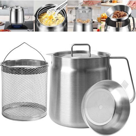 Friteuse en acier inoxydable - 2 L. Pichet filtre. Sépare les résidus de graisse grâce à un panier. Grande capacité. Compatible gaz et induction. Contient un pichet à friture. (1/5)