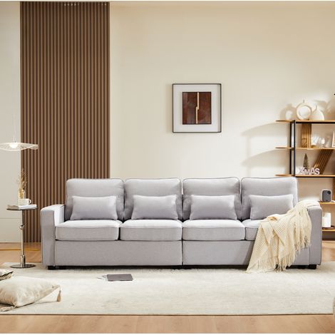 Sofá 264x83x87 cm gris en lino con 4 cojines y bolsillos en reposabrazos (1/5)