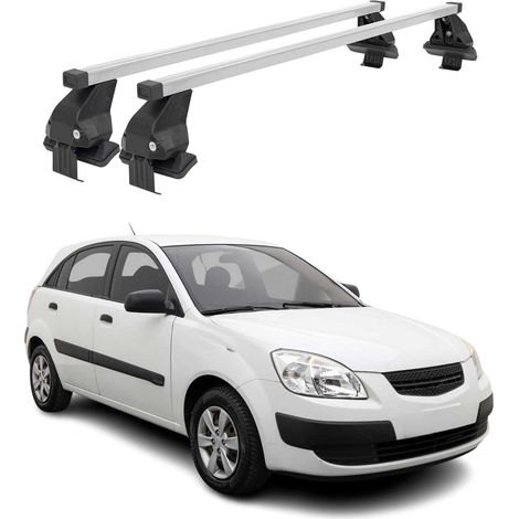 OMAC Dachträger Querträger Stahl für Kia Rio II Schrägheck 2005-2011 – Abschließbar – City-Crash-getestet – DIN 75302:2019 – ISO/PAS 11154:2006 – Max. 50 kg Silber (1/5)