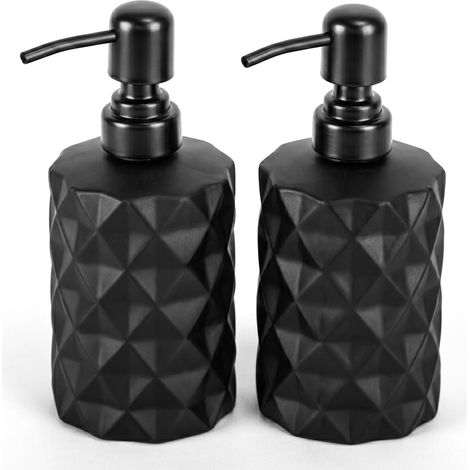 Relaxdays Soap Dispenser Set, 2-pack, 350 ml, Glass with Stainless Steel Pump, Refillable, Bathroom & Kitchen, Black