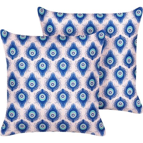 Set di 2 cuscini da giardino in tessuto di poliestere blu e rosa con motivo a pavone 45 x 45 cm Ceriana