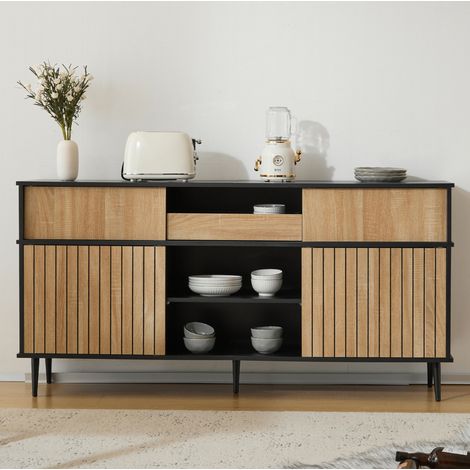 Buffet en panneaux de particules noir et chêne, 160 x 40 x 80 cm, 4 portes coulissantes, 1 tiroir ouvert, tablettes réglables (1/5)