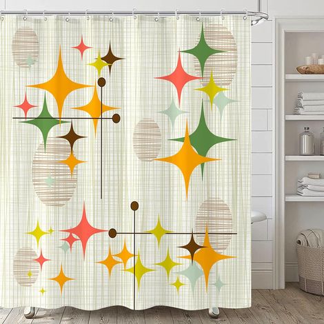 Rideau de douche bohème vintage à étoiles, 183 x 183 cm, motif abstrait rétro, imperméable, en tissu avec crochets, jaune. (1/5)